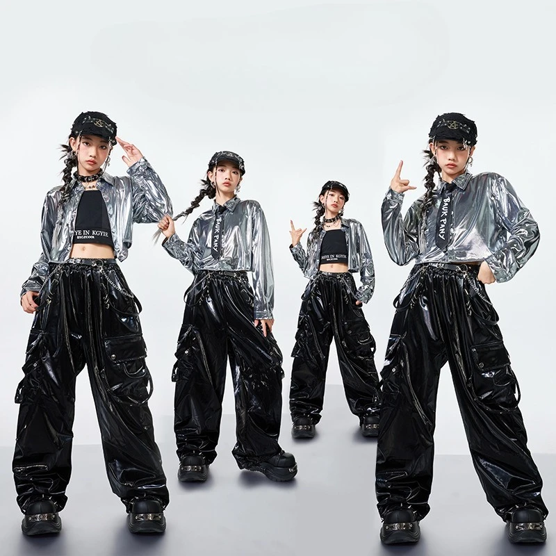 Mädchen Hip Hop Silber Crop Shirt Street Dance Leder Hosen Mode K-pop Coole Jacke Kleidung Sets Gruppe Jazz Bühne tragen Outfits
