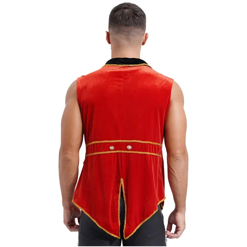 Mens Circus Ringmaster Tailcoat Halloween Cosplay Costume Lapel Sleeveless Gold Details Velvet Jacket