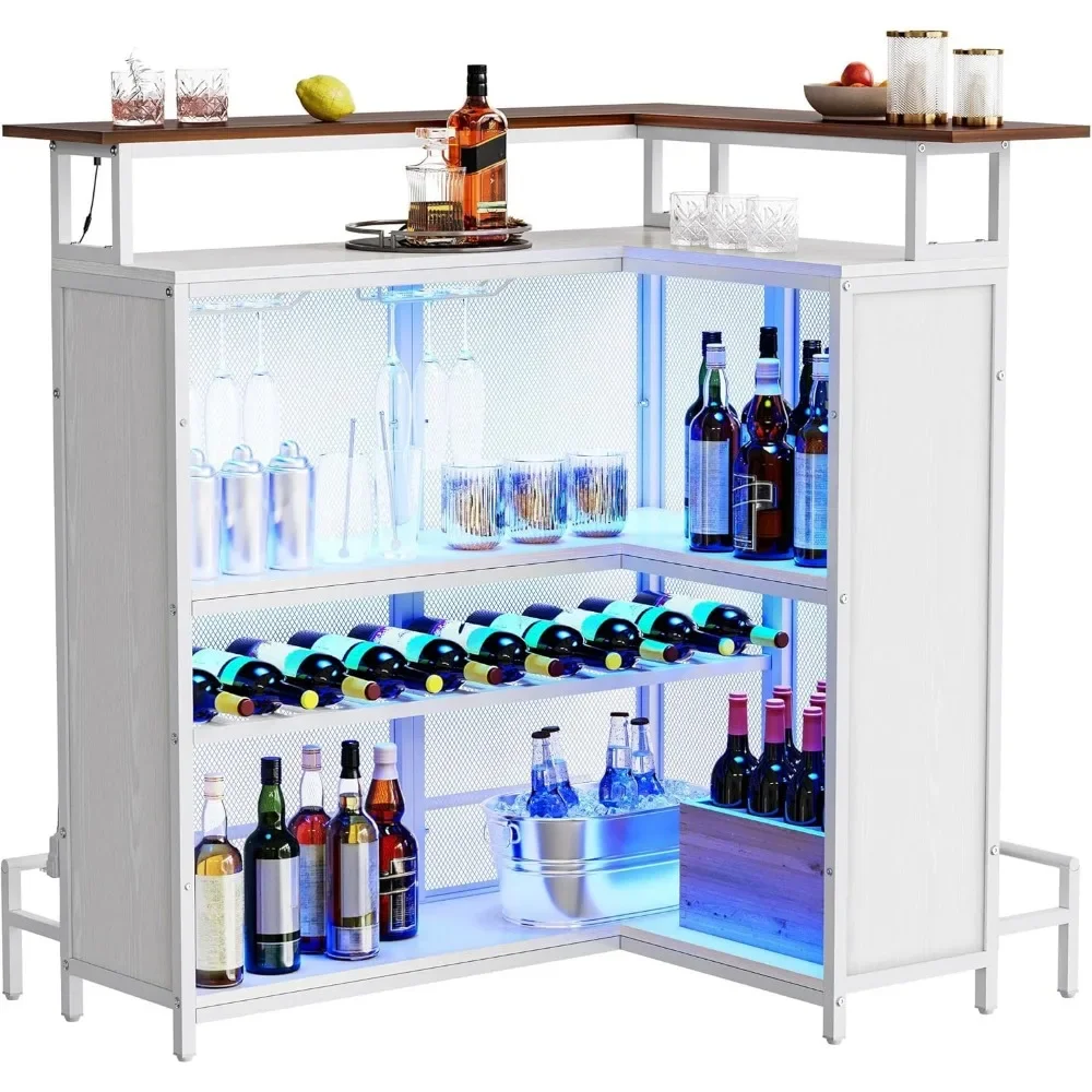 

L Shaped Mini Home Bar Unit for Living Room with Music Sensing LED Light, Tall Bars Furniture Table with Wine Rack Alcohol
