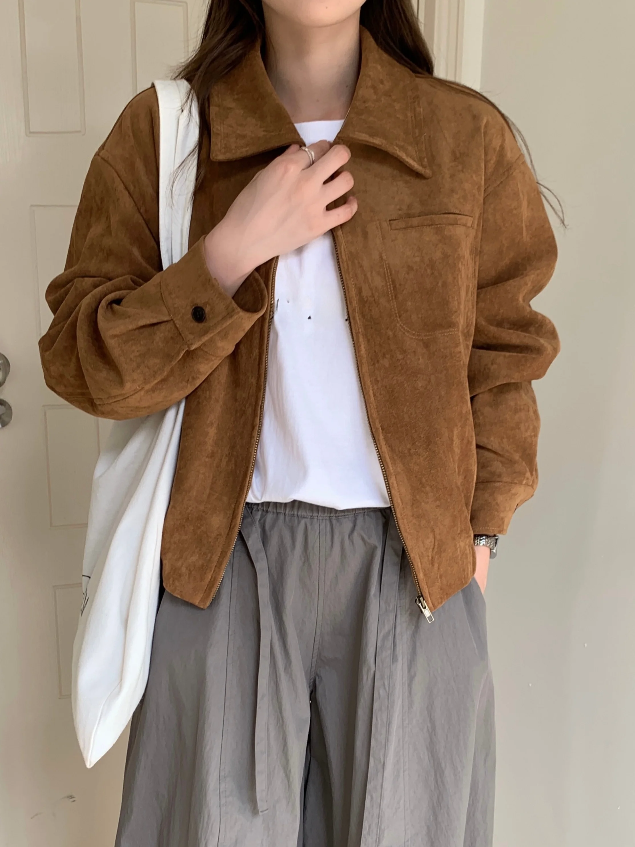 Retro Korean Style Women's Suede Jacket Loose Fit Outerwear Fashionable Cardigan Top Polyester Fiber Zipper Closure