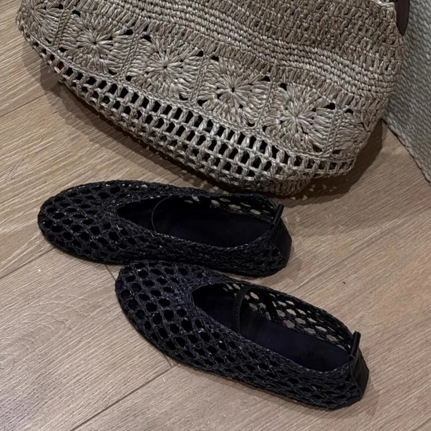 black-versatile-splice-hollow-out-ballet-flats-women's-spring-autumn-new-style-south-france-knitted-fashion-single-shoes