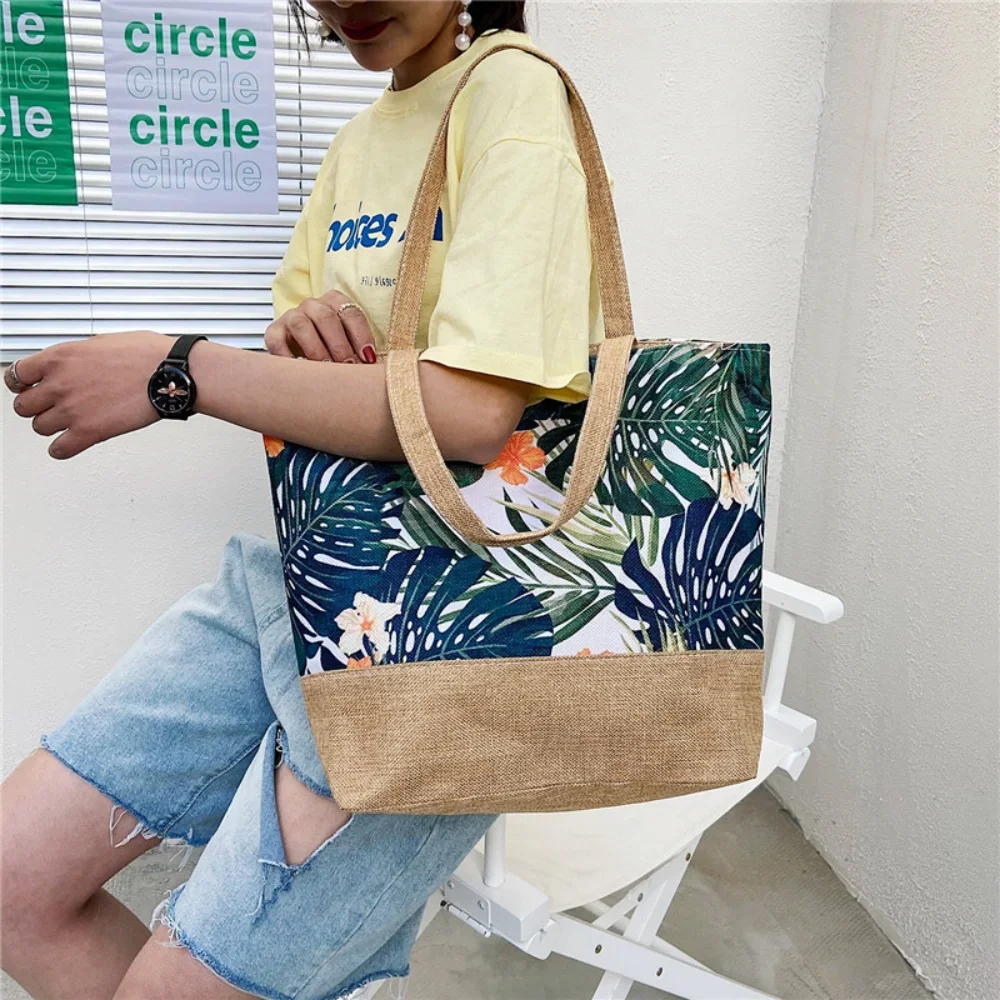 1PCS Fashion Canvas Bag Summer Beach Ladies Printed Shoulder Bag Simple Large Capacity Women Tote Shopping Bag