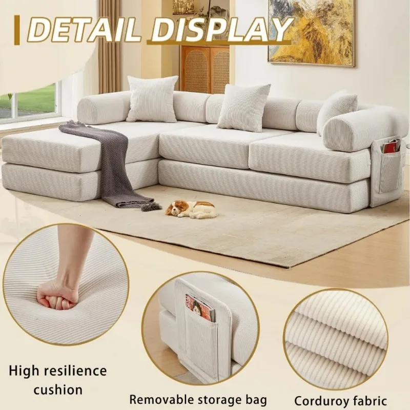 

Converteerbare Opklapbare Slaapbank, 107,5 Inch Corduroy Bank Zonder Modulaire Cloud-sofa Met Uittrekbaar Bed, 7-in-1 Slaapbank