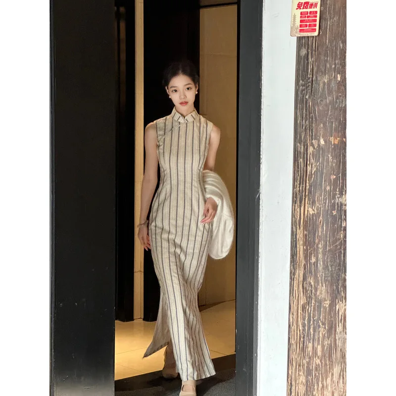 Summer Beige Striped Cheongsam New Chinese Style Long Sleeveless Waist Cinched Slimming Elegant Bodycon Qipao Dress CH-146 - view 2