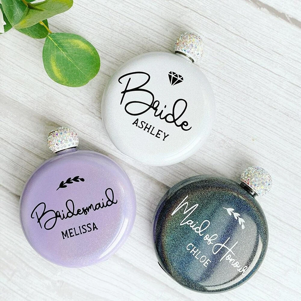 Personalized Bridal Party Portable Stainless Steel Hip Wine Flask Bridesmaid Travel Round Whiskey Liquor Flask For Women Gifts