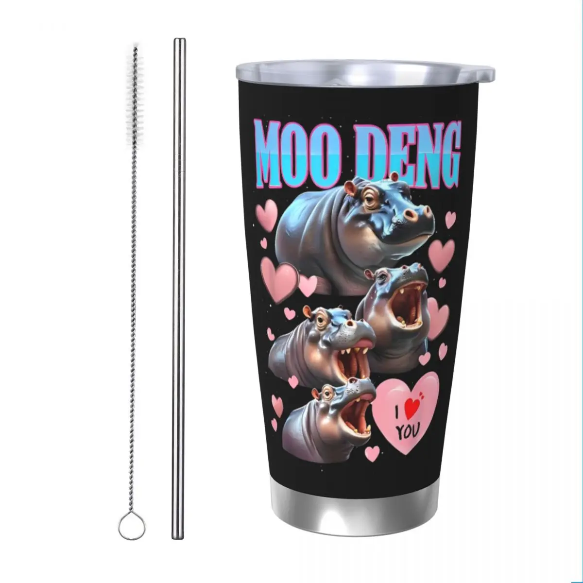 

Забавная Изолированная Термокружка Moo Deng I Love You с соломинкой из нержавеющей стали, Термокружка для офиса, дома, горячих холодных напитков, 20 унций