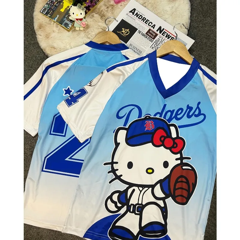 

Unisex Sanrio Hello Kitty 2026 New V-Neck Baseball Jersey T-Shirt Striped Print Oversized Sleeve Cute Kawaii Casual Sports Tee