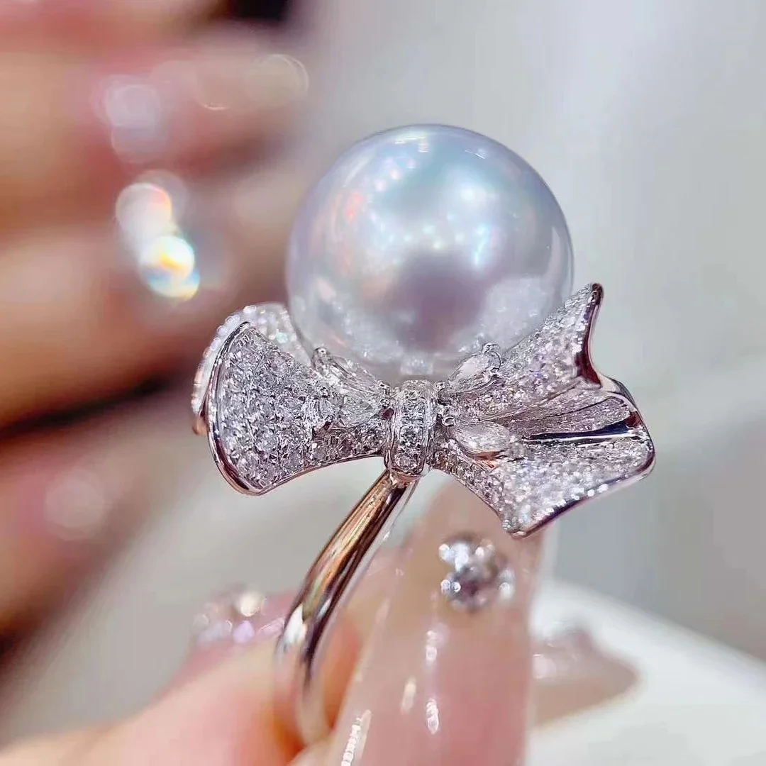 

New AAAA10-11mm Natural Round South Sea Pearl Bow Ring 925 Silver, Adjustable Ring Mouth
