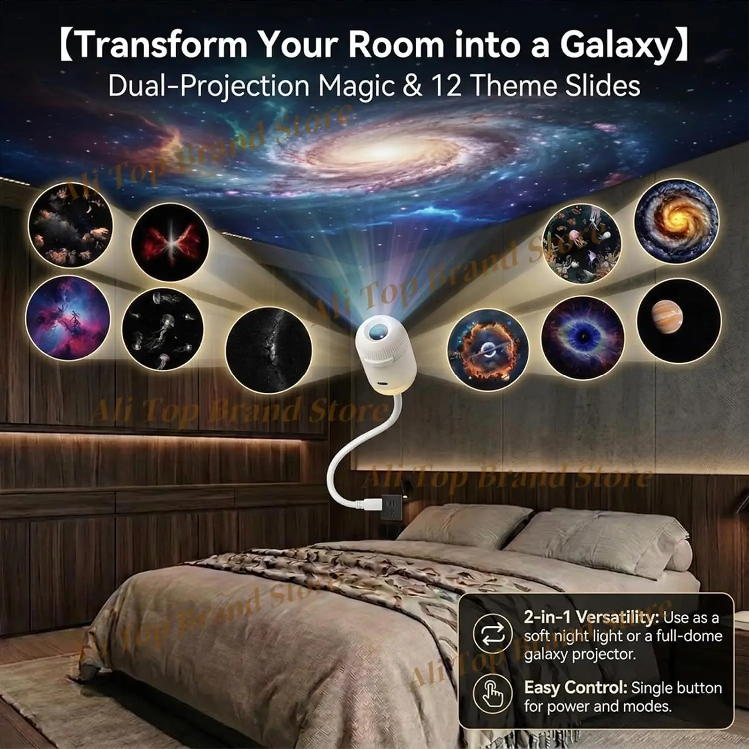 2-in-1 Galaxy Projector Night Light,USB Portable Starry Sky Night Light Projector for Bedroom,360° Rotating Mini LED Wall Lamp