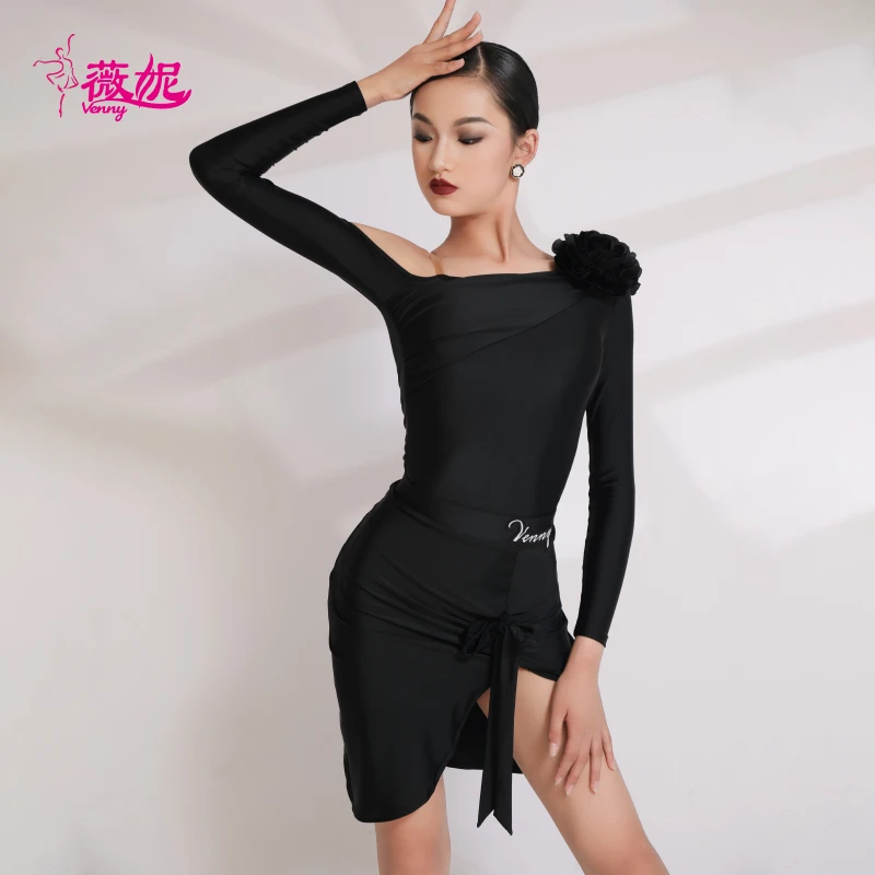 فستان رقص لاتيني ستايل للفتيات، طقم تدريب مكون من قطعتين بأكمام طويلة، ملابس ممارسة قياسية احترافية