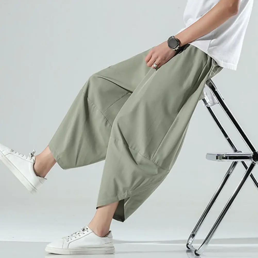 

Men Wide-leg Cropped Trousers Men Pants Chinese Style Plus Size Men's Cropped Pants Loose Fit Elastic Waist Multi Pockets