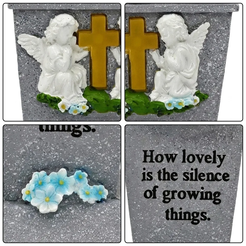 Memorial Flower Holder in Resin with Two Praying Angels and For Cross Symbol for Graveside Decoration and Honoring Loved