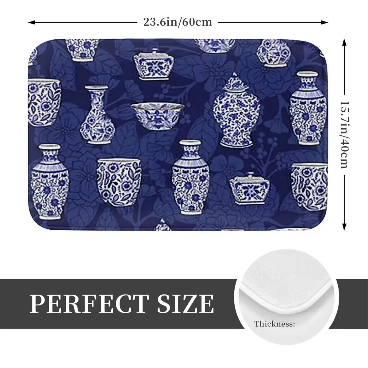 Blue Delftware Pottery Pattern Doormat Non-Slip Flannel Floor Mat Rug for Home Entrance Kitchen