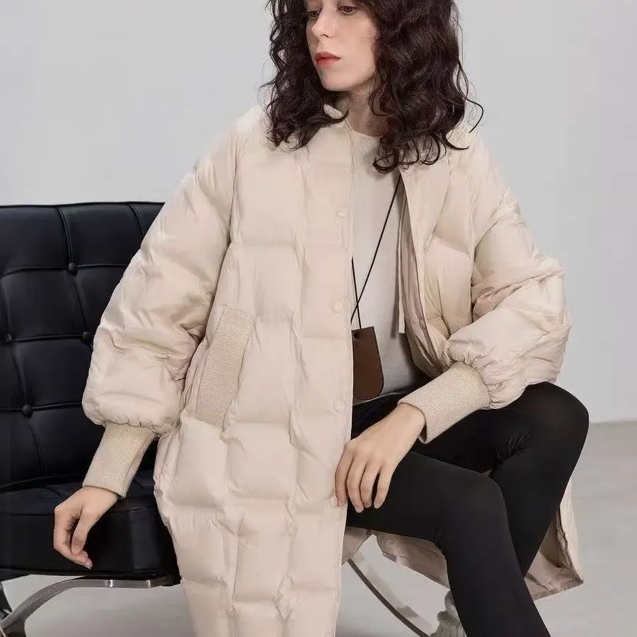 Herfst Winter Halflange Donsjack voor Vrouwen Nieuwe Warme Gewatteerde Witte Eend Donsjack O-hals Puffer Jas Mujer Trendy Zwart