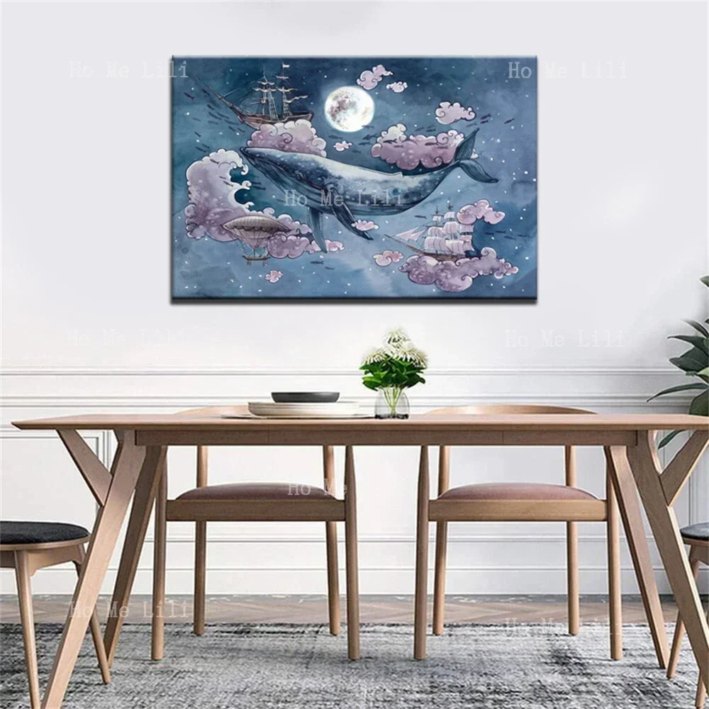 Blue Whale Flying In Dream Sky Pink Purple Clouds Moon Ship Fairy Tale Canvas Wall Art Decor Painting