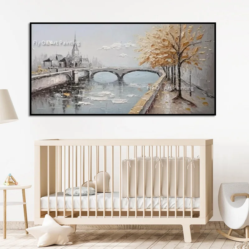 Large Grey Yellow Autumn Cityscape Canvas Thick Artwork Original Design Wall Art New White Gray Forest Landscape Oil Painting