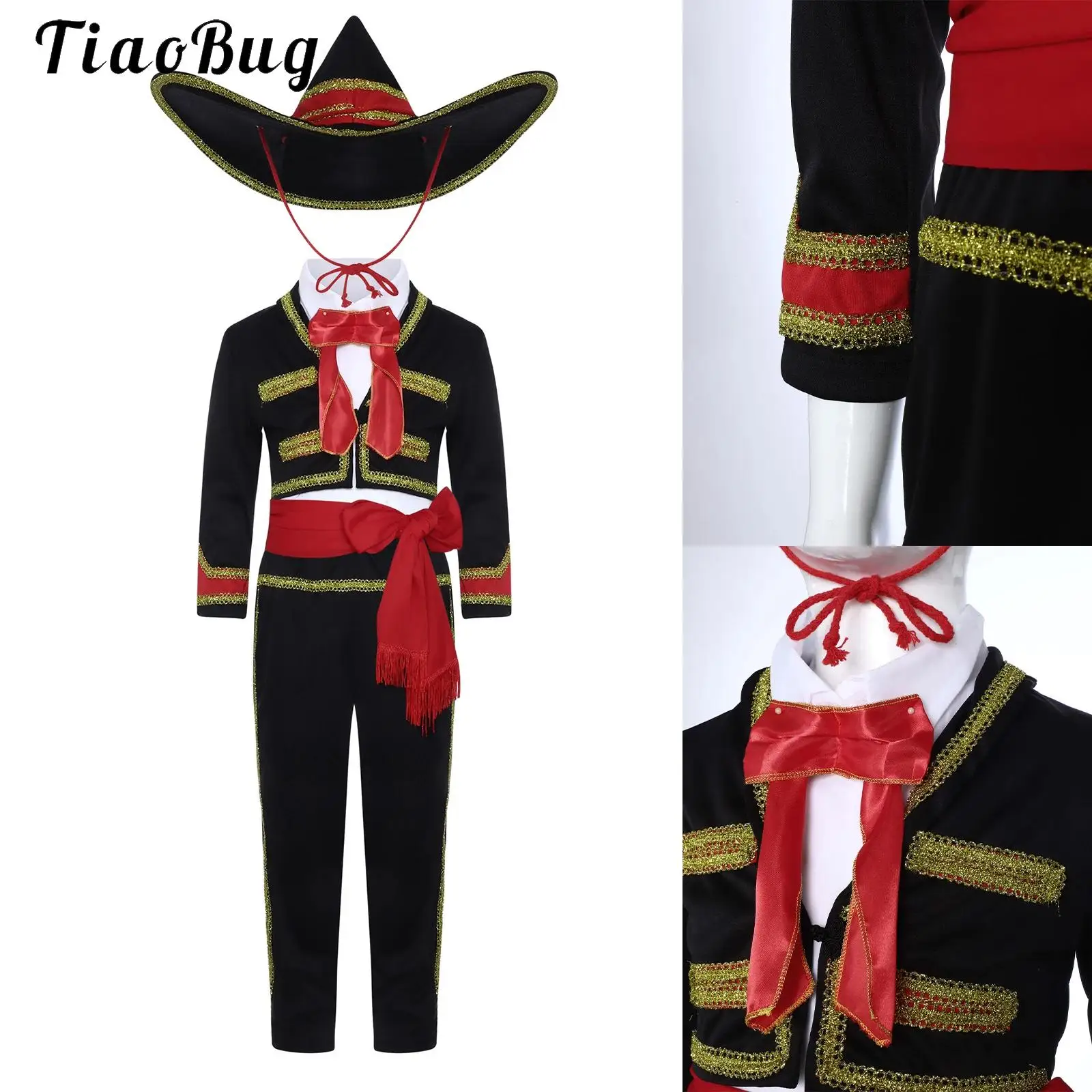 

Kids Boys Mexican National Costume Halloween Bullfighter Folklorico Cosplay Outfit Gold Trim Jacket Top with Pants Wide Brim Hat