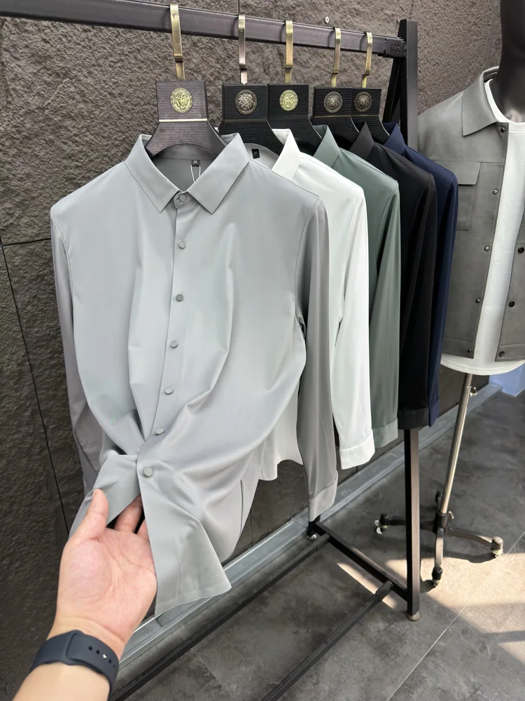 

Мужская Long Sve irt Casual Sle Stand Fit Pure Color Pred Glue Comfortable Busin Casual irt на осень