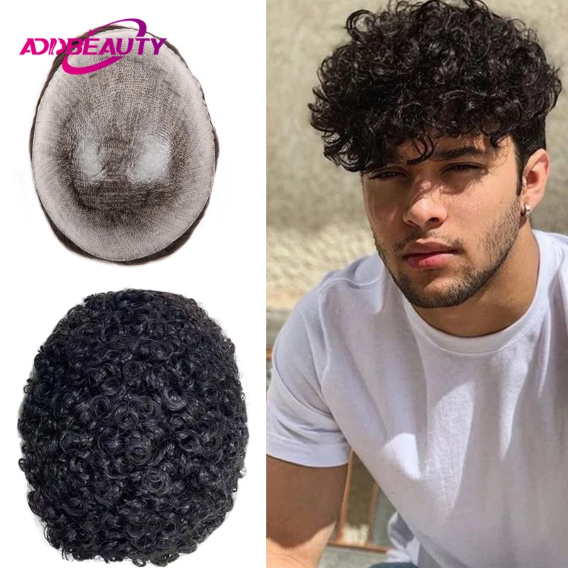 15mm Curly Human Hair Wigs for Men Thin Skin Male Toupee Human Hair Full PU 0.14cm Man\'s Wigs Capillary With Knots Natural Color