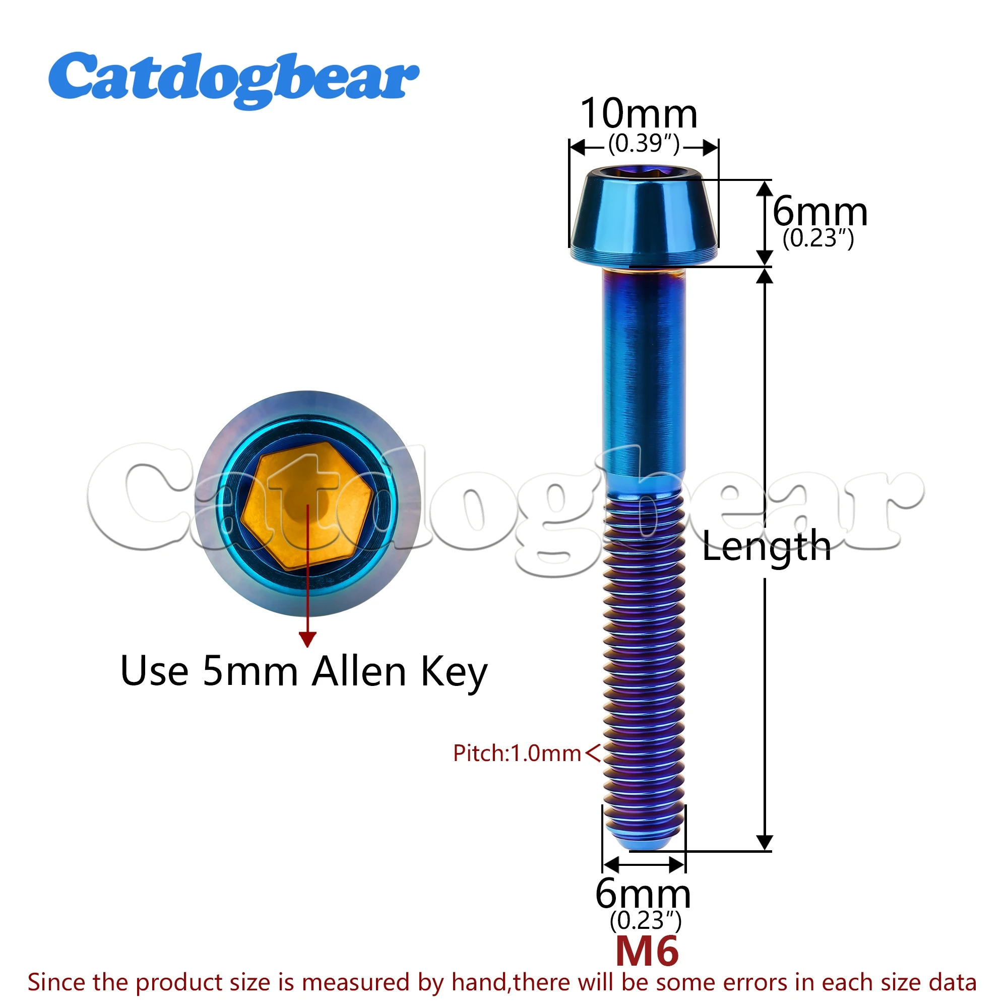 Catdogbear Titanium Ti M6X10 16 18 20 25 30 35 40 45 50 55 60 65mm Taper Head  Bolt  Allen Key Screw for Bicycle Headset Brake