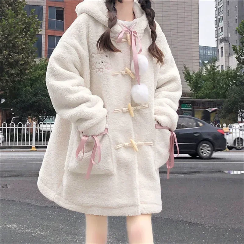 Japanese Academy Style Cute Little Bear Lamb Wool Top Autumn Winter Women New Plush Thickened Loose Gentle Coat Hoodies Y2k