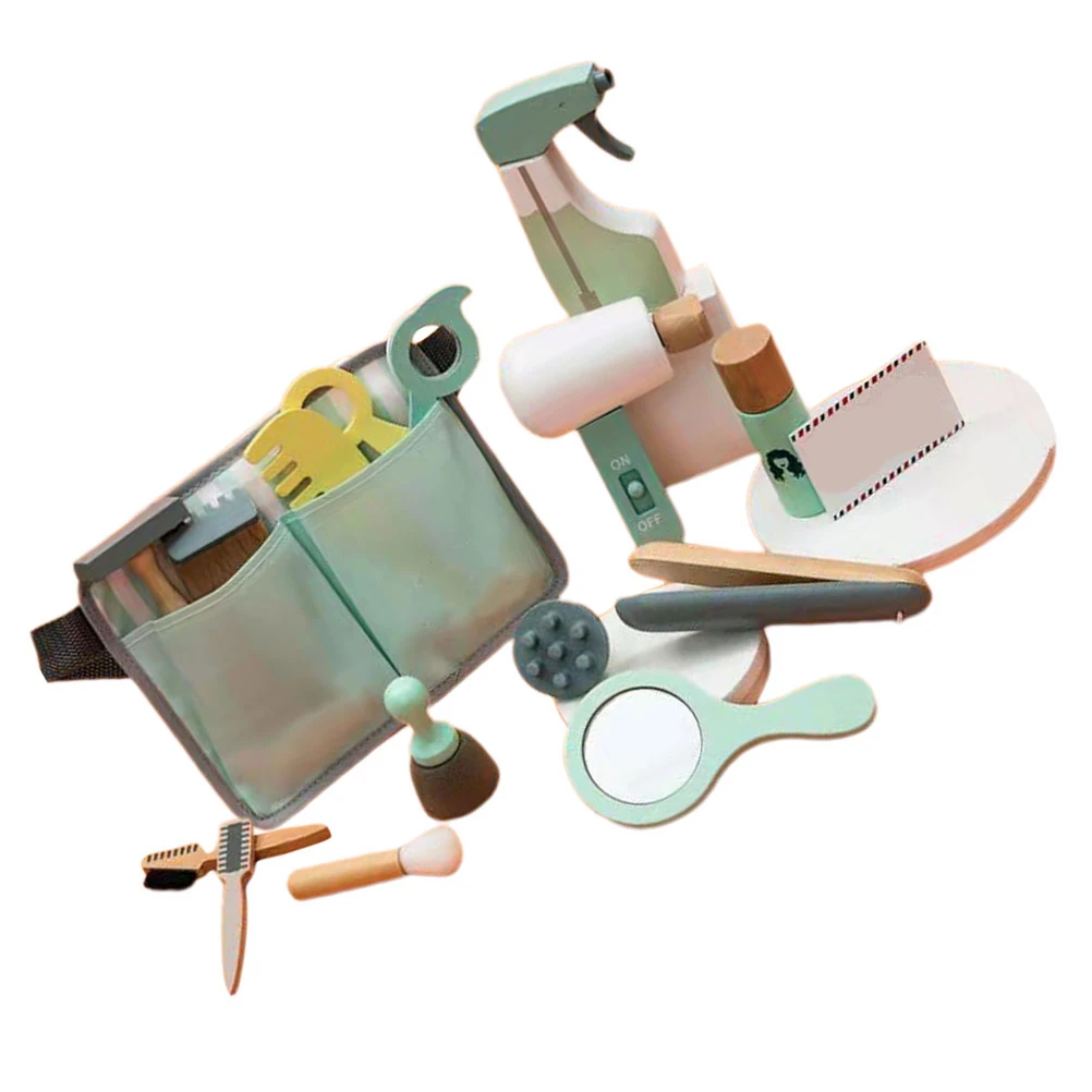 1 set Wooden Haircut Tool Kit for Kids Children Pretend Play Toy Educational Shop Dryer Hairdresser Set Pretend Plaything