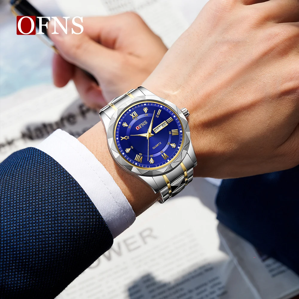 OFNS 7108 패션 비즈니스 남성용 다이아몬드 상감 더블 캘린더 방수 축광 쿼츠 시계 럭셔리 남성용 쿼츠 시계