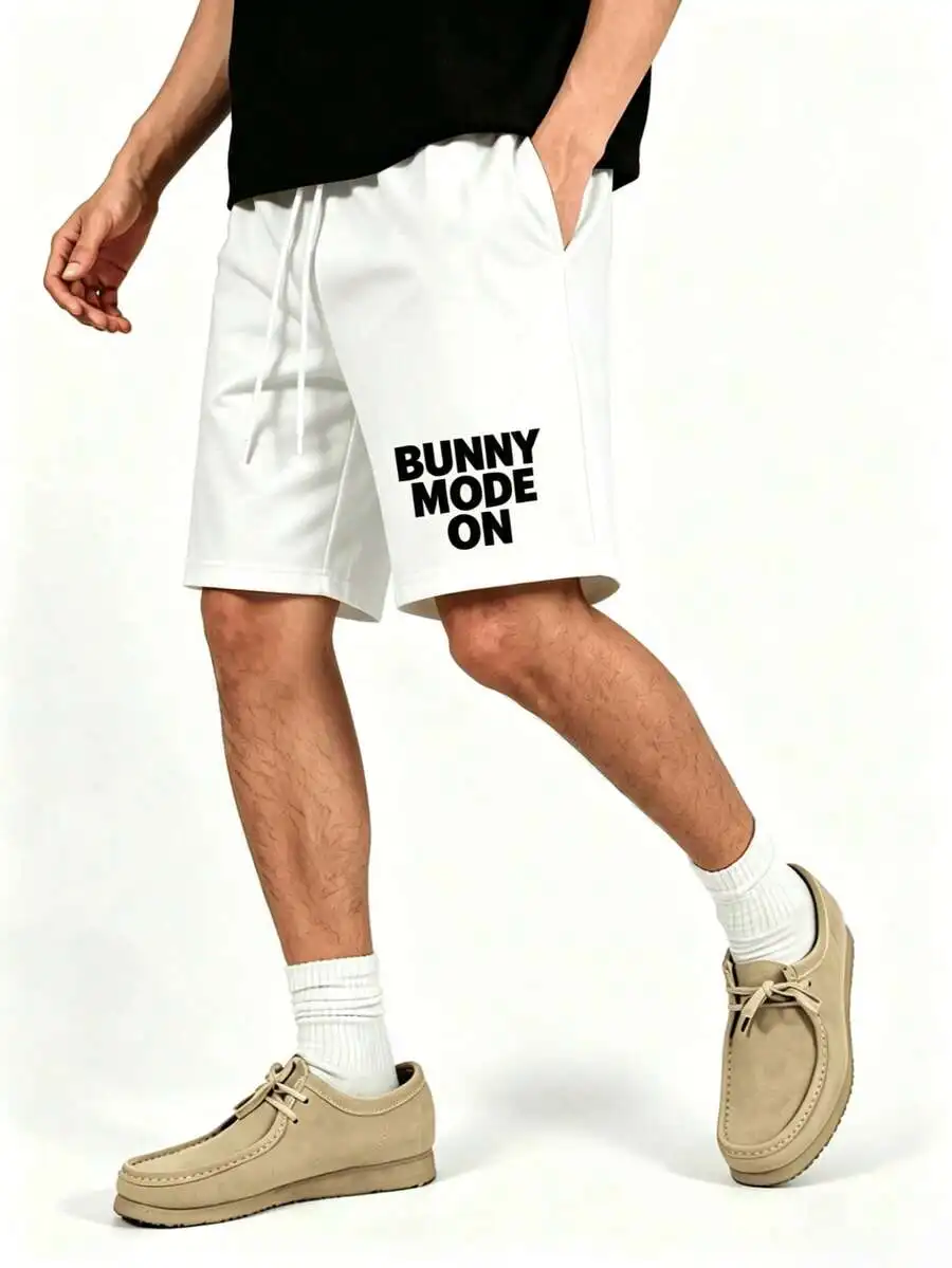 

White Mens Loose Drawstring Sweatshorts With Bold Bunny Mode On Graphic, Ideal For Summer Streetwear, Gym And Everyday Use