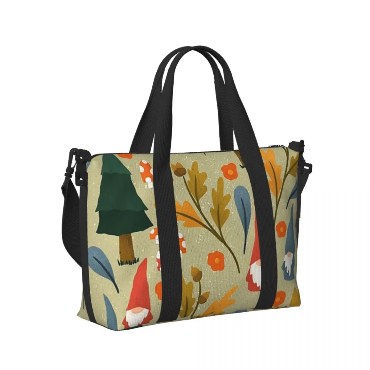 

Custom Woodland Gnomes On Green Beach Travel Bag Large Capacity Tote Bags for Gym Sport Women Shopping Duffle Shoulder Bag