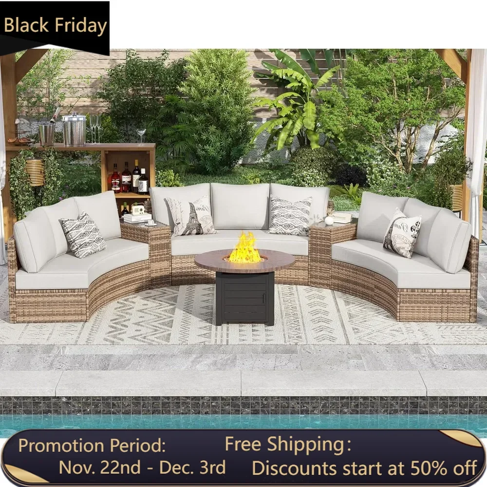 Patio Conversation Set, 11 Piece Half-Moon Sectional Round Patio Furniture Set with Large Storage Wedge Table Wicker Sofa Set