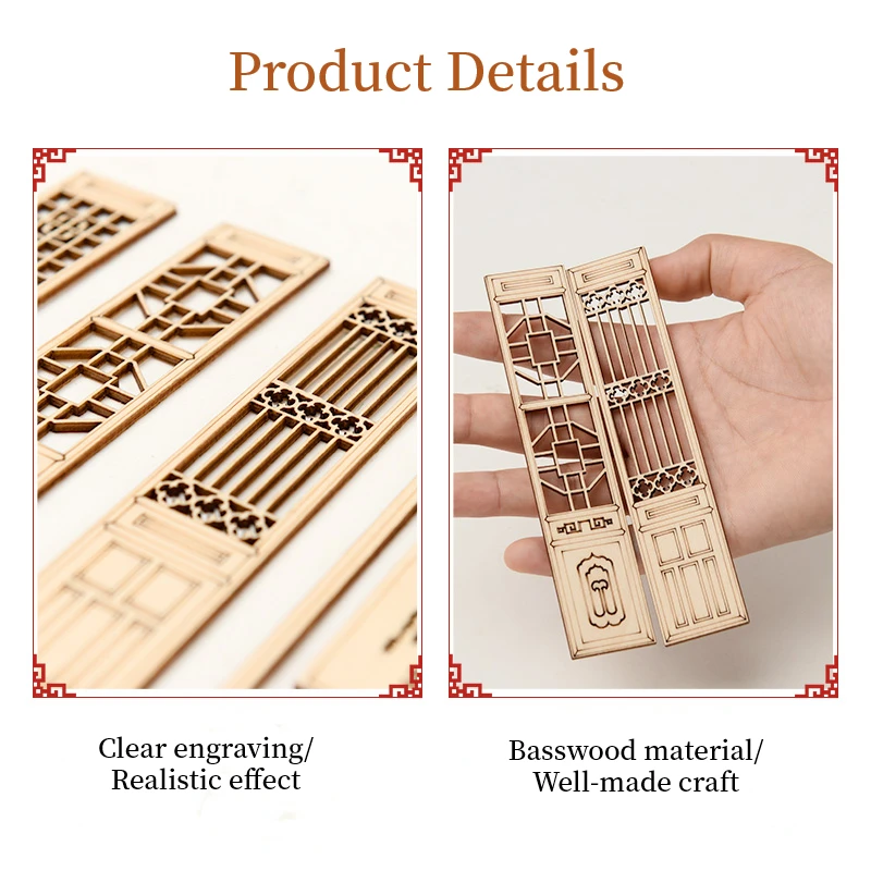 4pcs 1:20 Chinese Wooden Door Room Divider Wooden Screen Miniature Dollhouse Furniture For Model Building Wooden Constructor