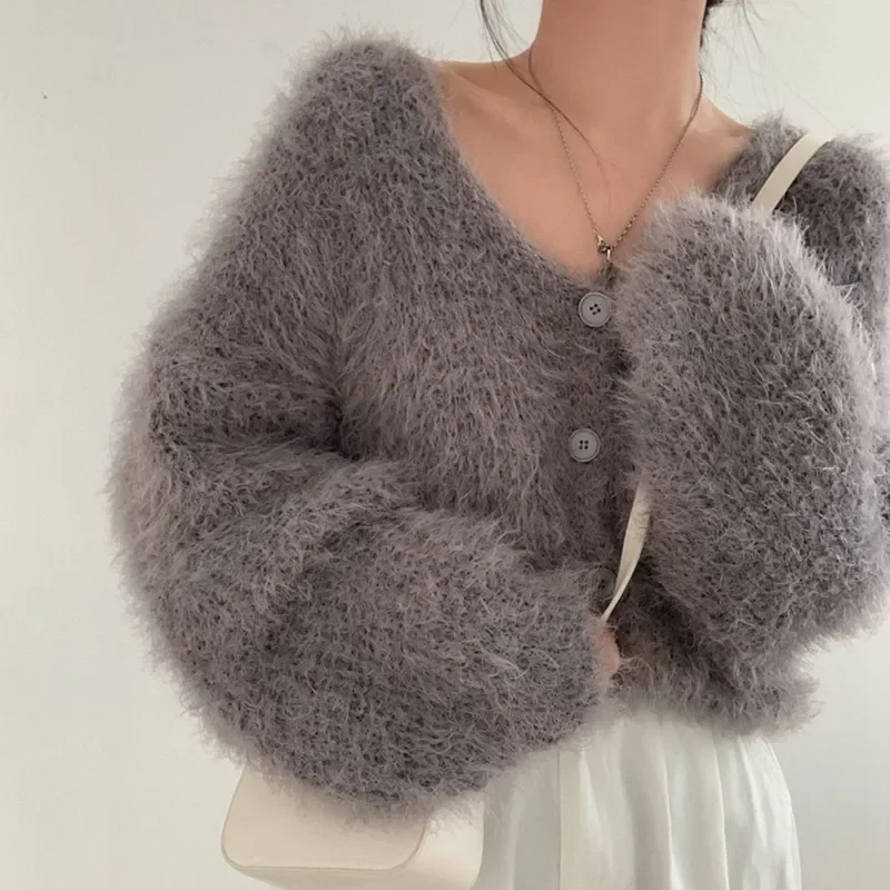 Korean V-neck Soft Mink Cashmere Cardigan Coat Women Long Sleeve Single Breasted Sweater Jacket Autumn Winter New Knitwear