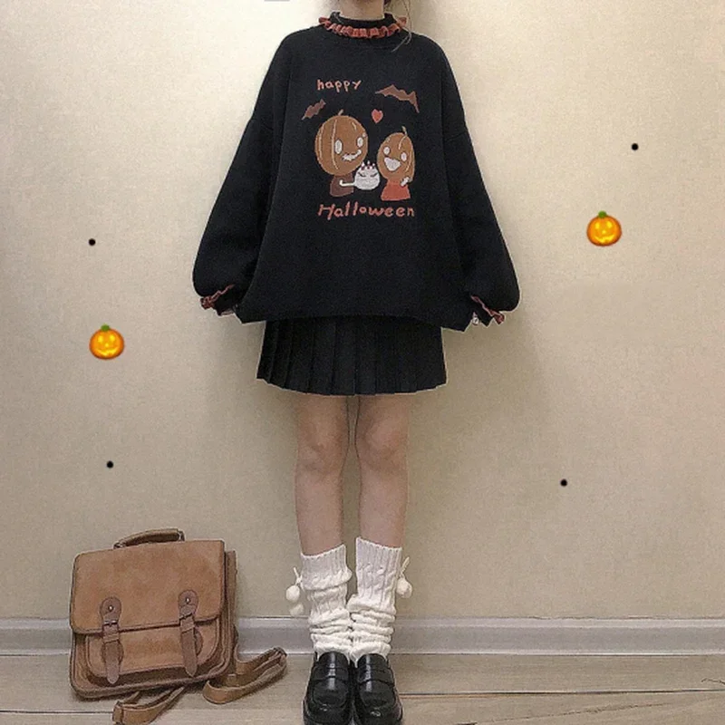 Halloween Sweaters Women Autumn Cute Pumpkin Pattern Turtleneck Lantern Sleeve Loose Pullovers Kawaii Clothes