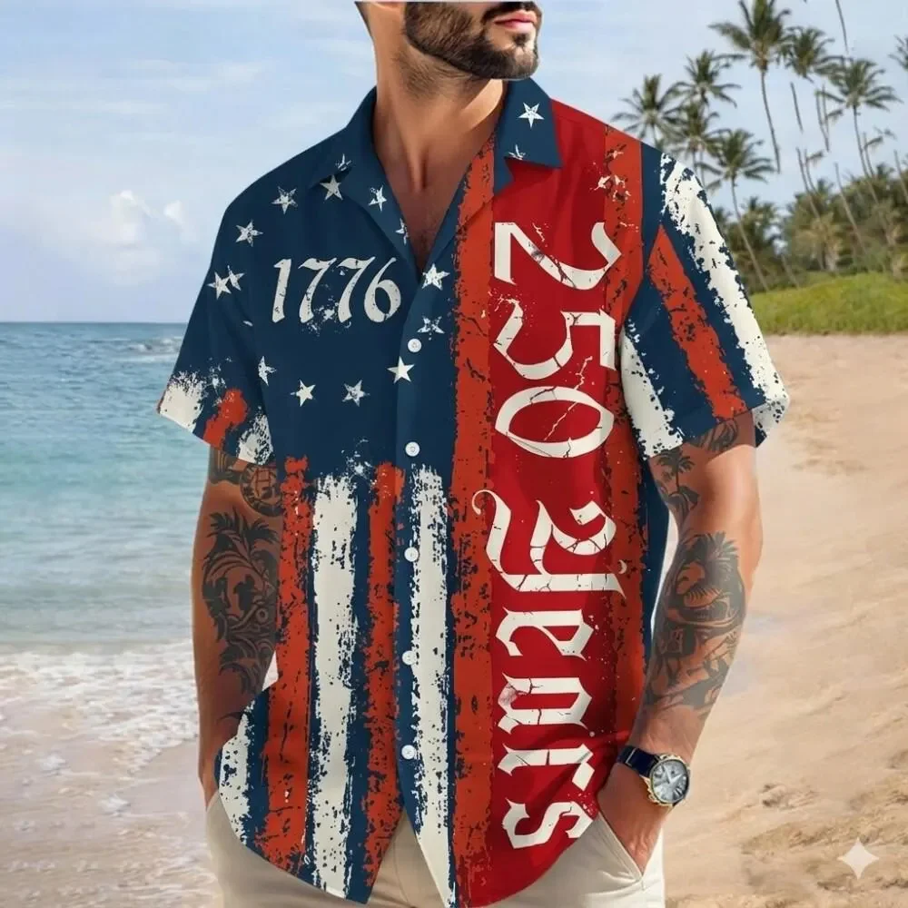 

Hot American Flag 250 Years Hawaiian Shirt Vintage 1776 2026 Patriotic Aloha Tee Independence Day Gift For Men Dad Grandpa Beach