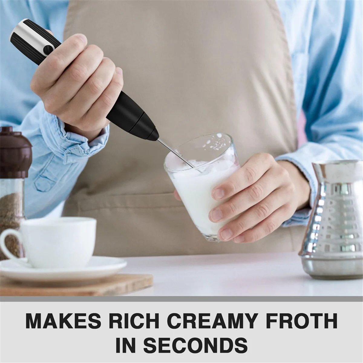 Rechargeable Milk Frother Handheld with 3 Speeds, Powerful Whisk Drink Mixer with 2 Head for Coffee, Foam Maker Black