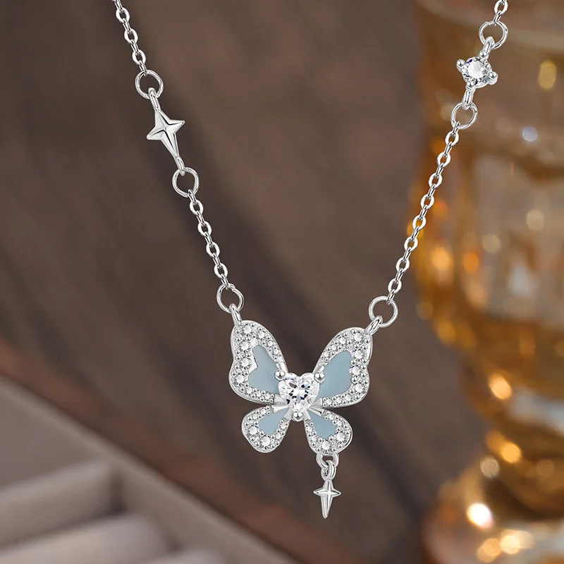 New Arrival 925 Silver Butterfly Starry Night Necklace Elegant Pendant Light Luxury Jewelry for Women Valentine's Day Gift