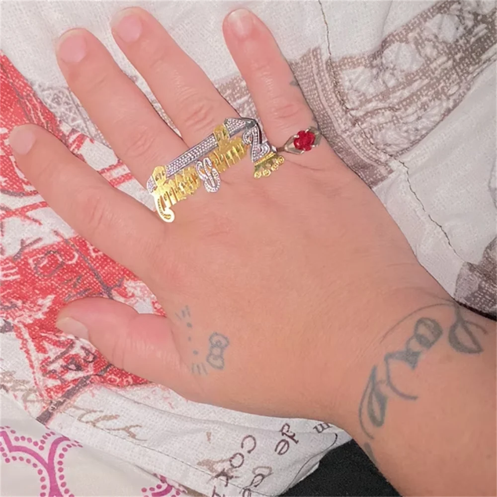 DHQH Customized Name DoubleFinger Ring with Crown Gold Personalized Hip Hop Ring for Men and Women Fashion Punk Letter Ring Gift