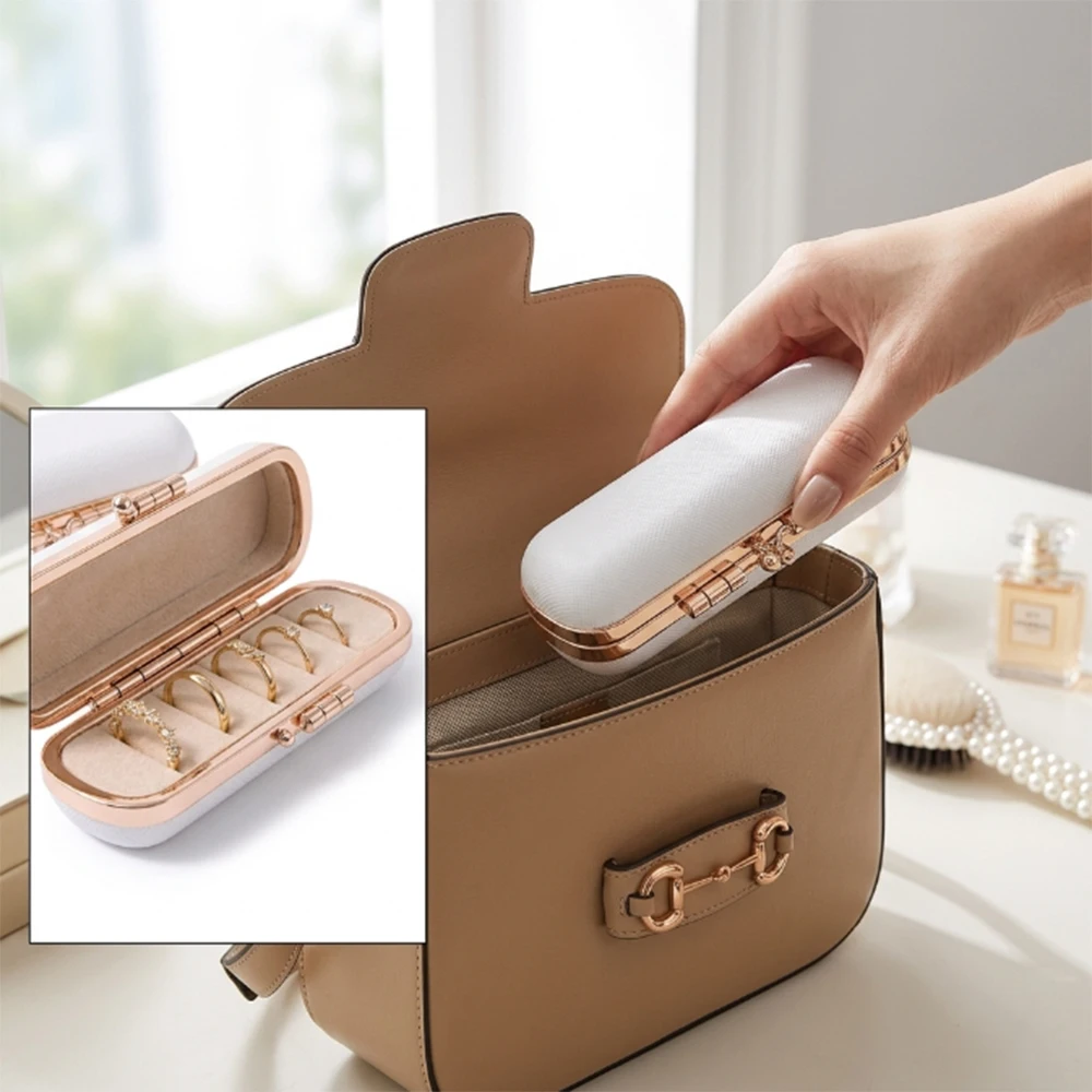 Kiss Lock Clasp Mini Ring Box Velvet Slots Lining PU Leather Outer Earring Studs Organizer Sturdy Hardware Frame Organizer
