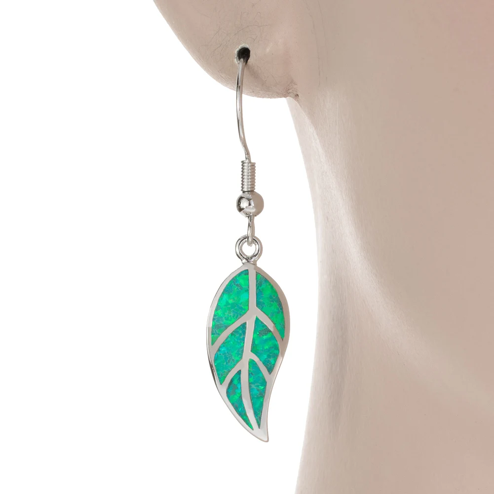 KONGMOON Nature Leaf Shape Kiwi Green Fire Opal Jewelry for Women Dangle Drop Earrings