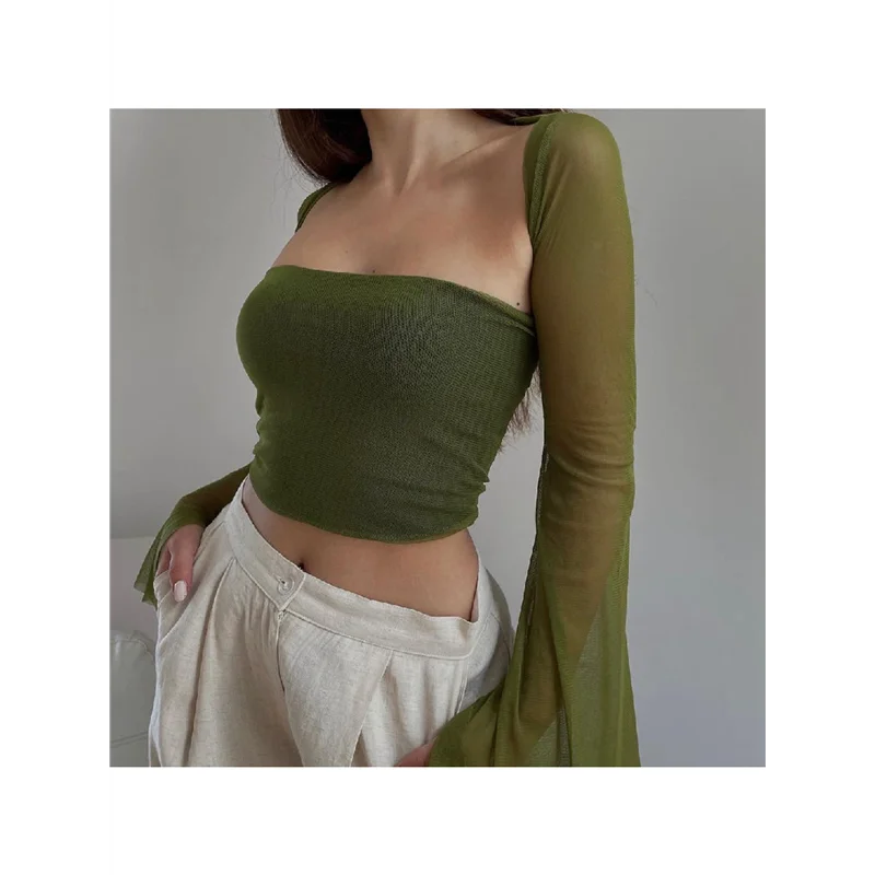 CYL-طقم نسائي مكون من قطعتين شبكي بأكمام طويلة مشد علوي عصري Y2K رقبة مربعة للخروج بوستير شال قصير #3