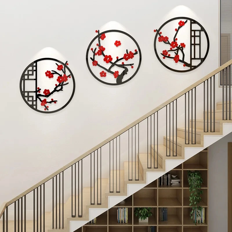 Chinese Style Staircase Aisle Restaurant Background Wall Sticker Creative Living Room Decor Sticker Plum Blossom Wall Sticker