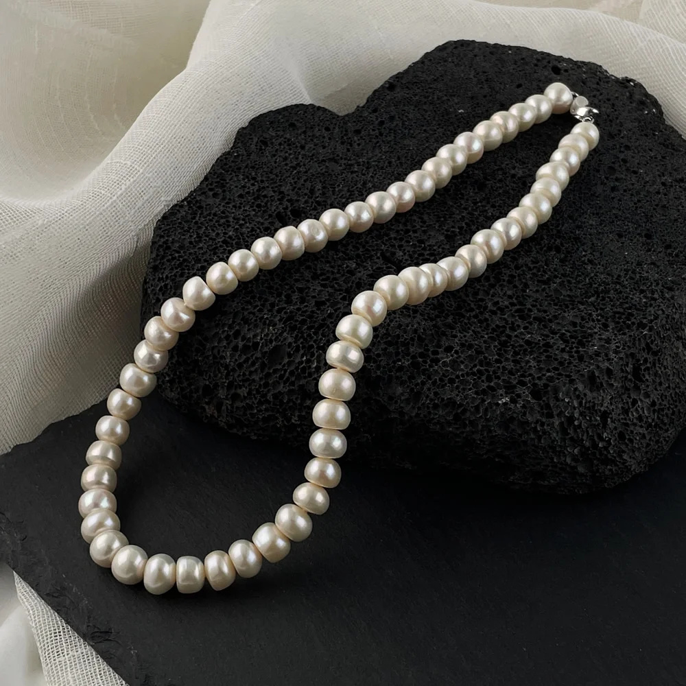 

Elegant Natural Freshwater Pearl Necklace for Women Wedding 925 Sterling Silver 8-9MM Big Button Baroque Pearl Strand Chokers