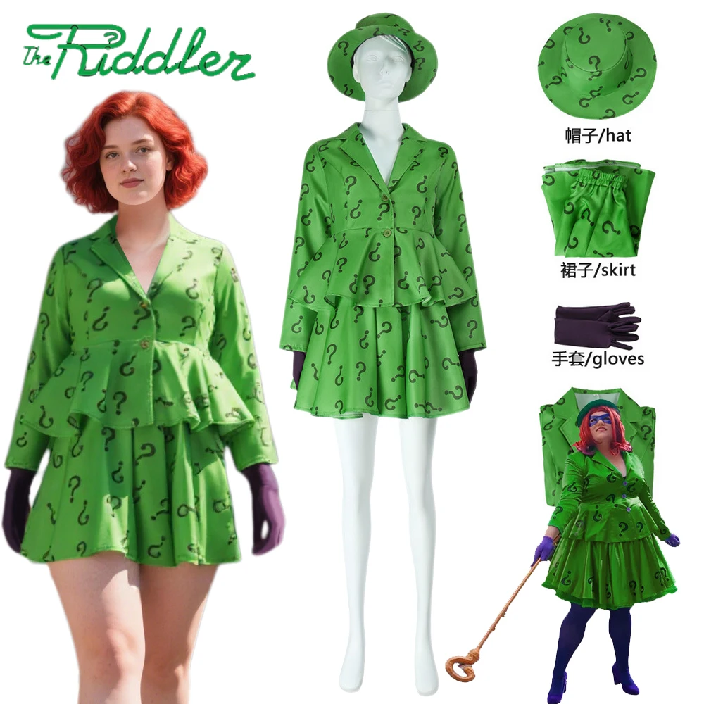 

Women Riddler Cosplay Costume Green Dress Top Skirt Hat Gloves Anime Outfit Movie Women Girls Halloween Carnival Riddler Suit