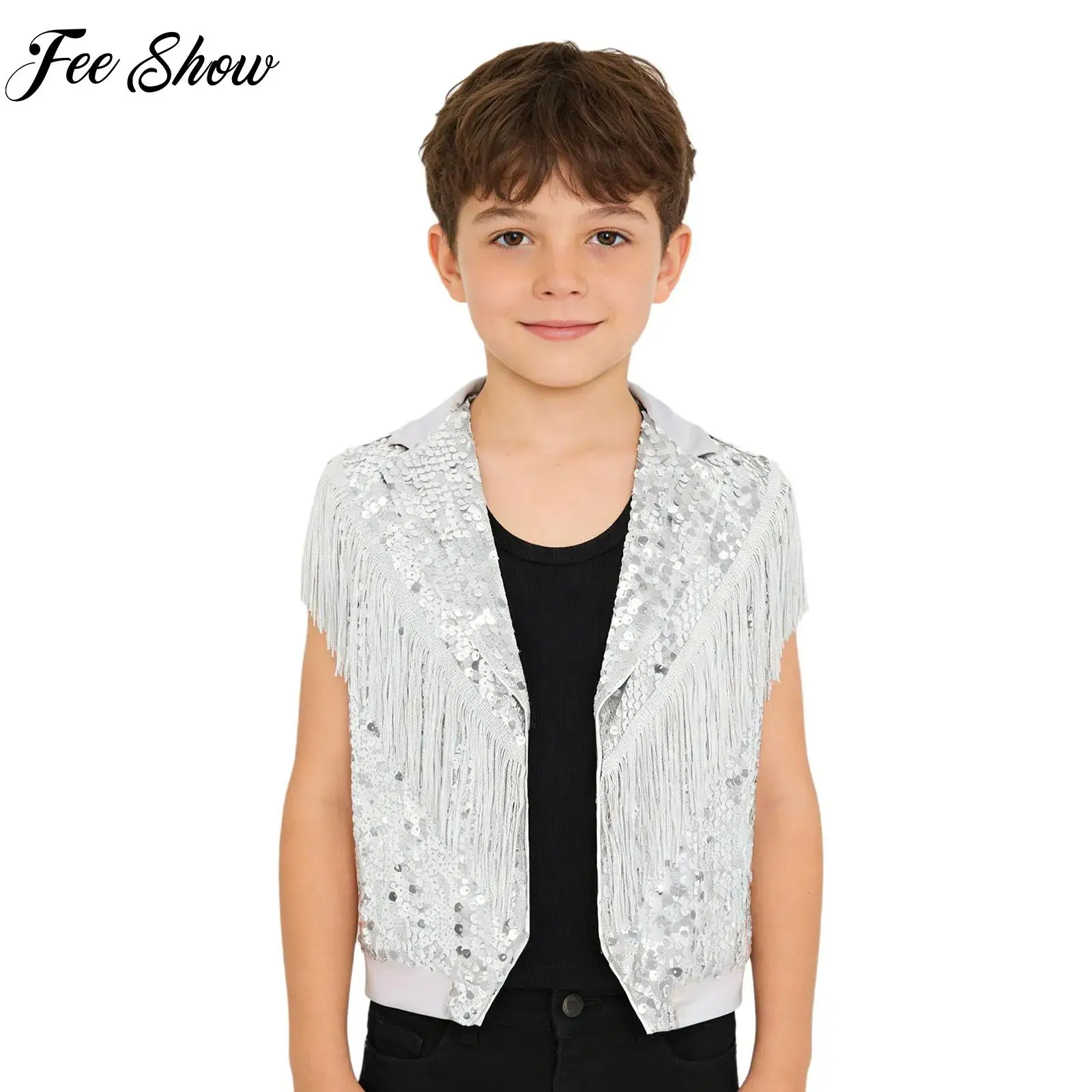 Kids Boys Rhythmic Jazz Hip Hop Dance Costume Tassel Sparkling Sequin Vest Contrast Color Lapel Collar Sleeveless Tops Dancewear