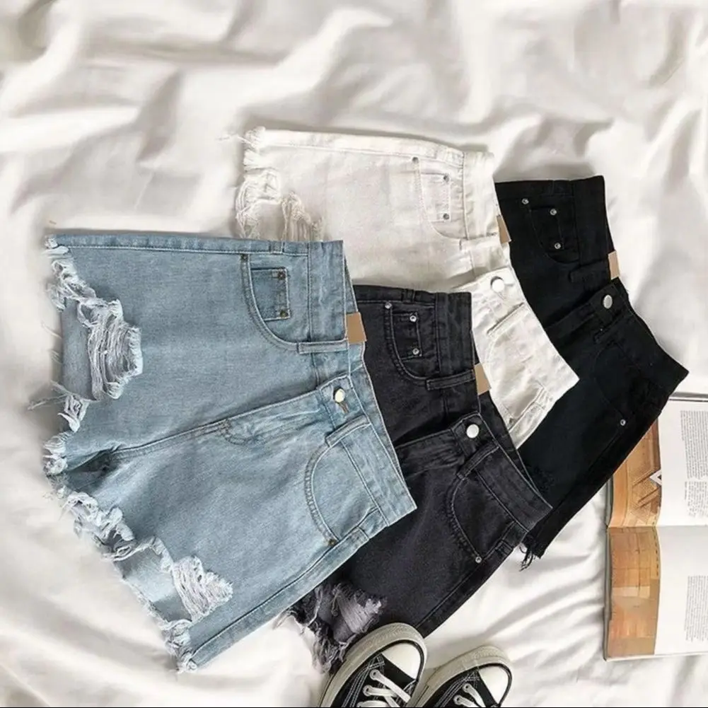 2025, Jeanshose, Vintage-Jeansshorts mit hoher Taille für Damen, Retro-A-Linien-Stil mit zerrissenen Details, schmale Passform, über dem Knie