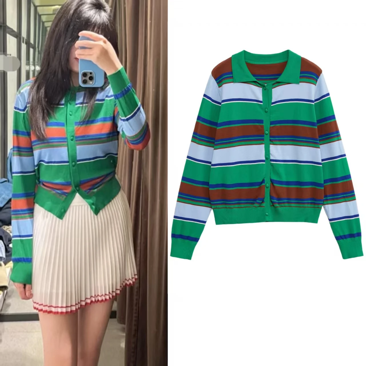 

Women's Cardigan New Fall 2025 Color-blocked Long-sleeved Striped Lapel Knit Jacket Casual Fashion Personality is Versatile