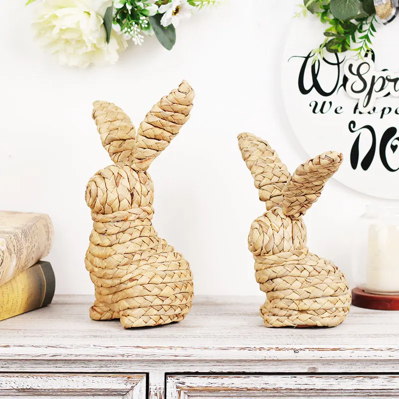 Spring Creative Easter Rabbit Home Decoration with Flower Cute Straw Bunny Home Decorative Ornaments