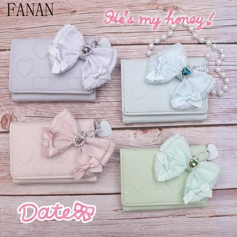 

Mini Wallets for Women Japanese Sweet Lace Trim Bow Heart Pendant Women PU Heart Embossed Kawaii Girls Short Wallet