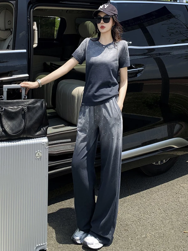 

Summer Luxury Casual Sportswear Set Women's Trendy Gradient Grey Short Sleeve T-Shirt Wide Leg Pants Two-Piece Suit Cotton