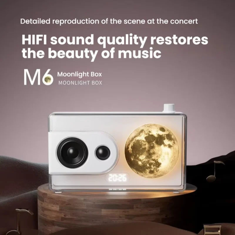 

Nordic Home Art Aesthetic 360-Degree HIFI Sound Quality Moonlight Treasure Box BT Speaker with Moon Lamp and Clock for Gift